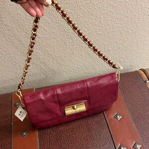Coach Wine Burgundy Leather Clutch with Gold Chain Strap
